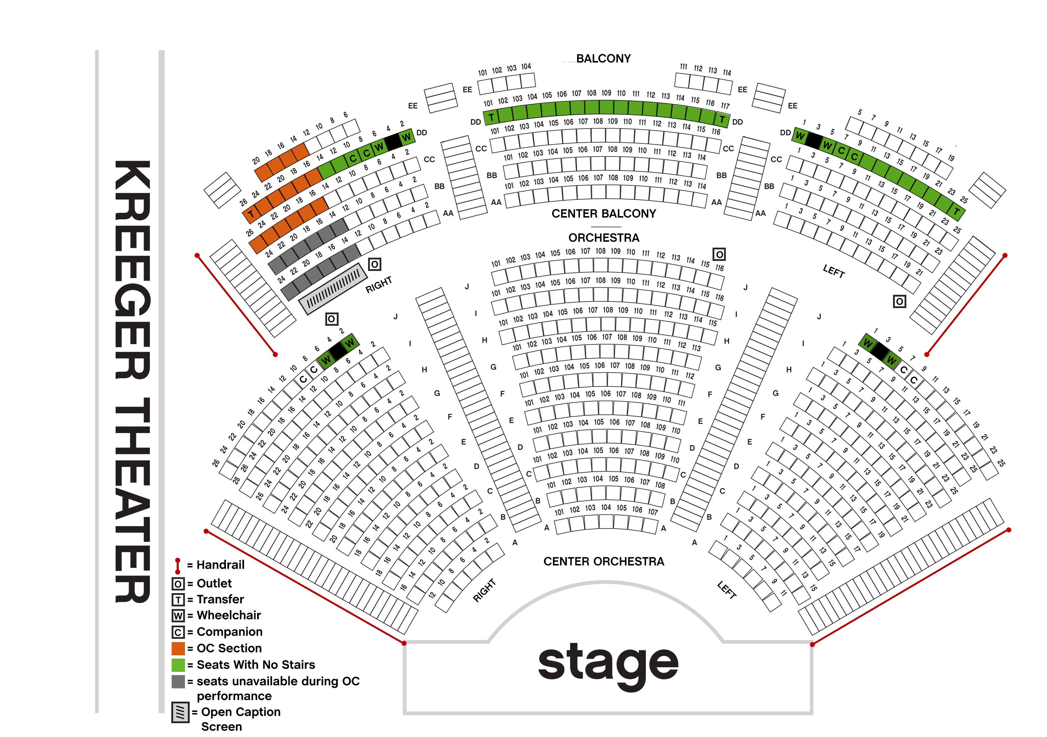 Map highlighting accessible seating within the Kreeger theater.