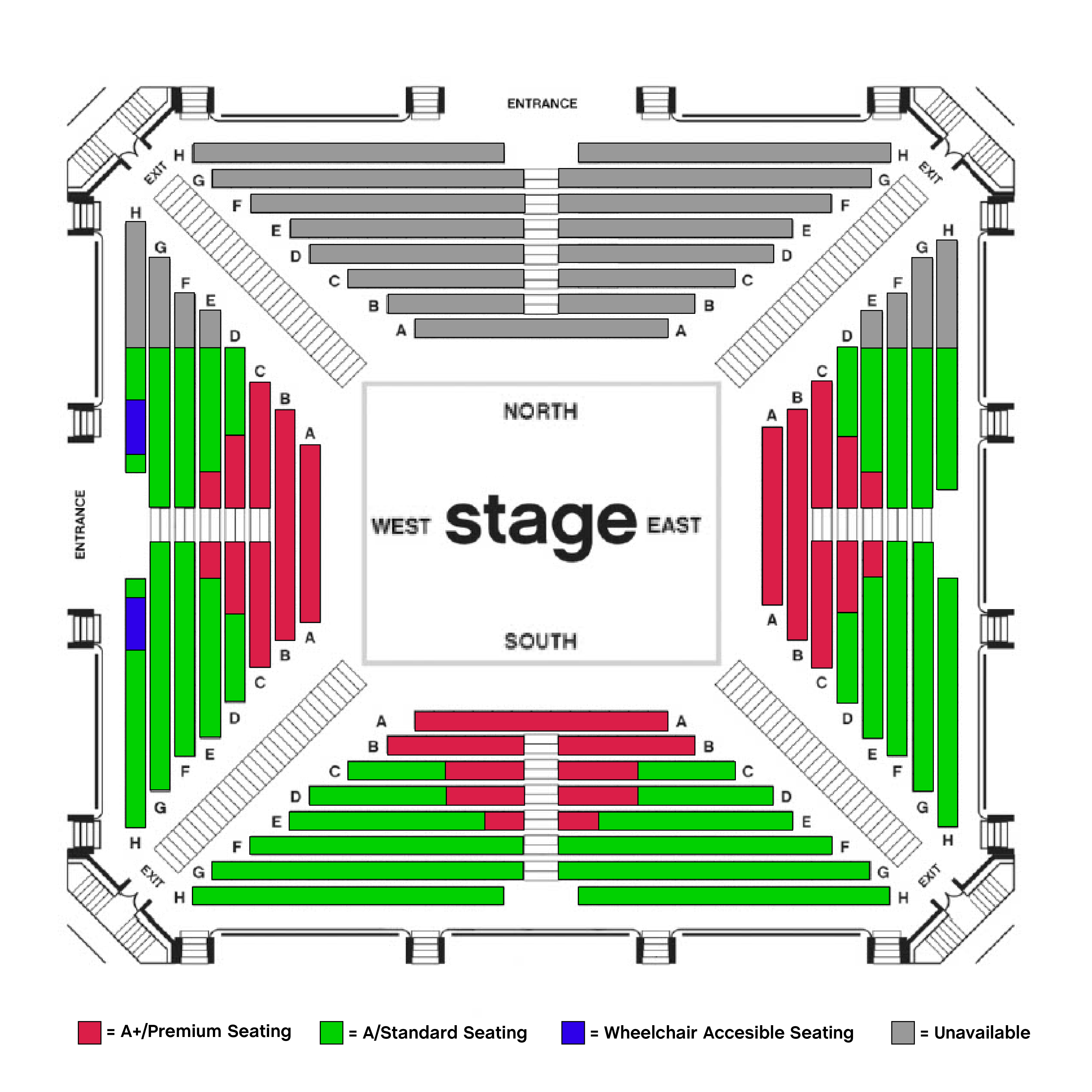 Arena Stage's Fichandler Stage seating chart, where the Northern section is shown to be blocked off for this production.