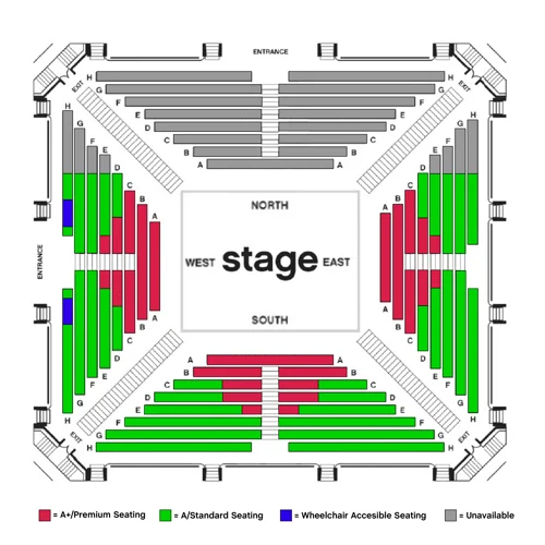 Arena Stage's Fichandler Stage seating chart, where the Northern section is shown to be blocked off for this production.